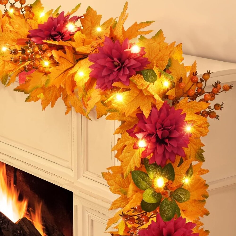 Fall Garland -Fall Decor 5.9 FT ‎ Leaves Garland with Lights, Artificial Autumn